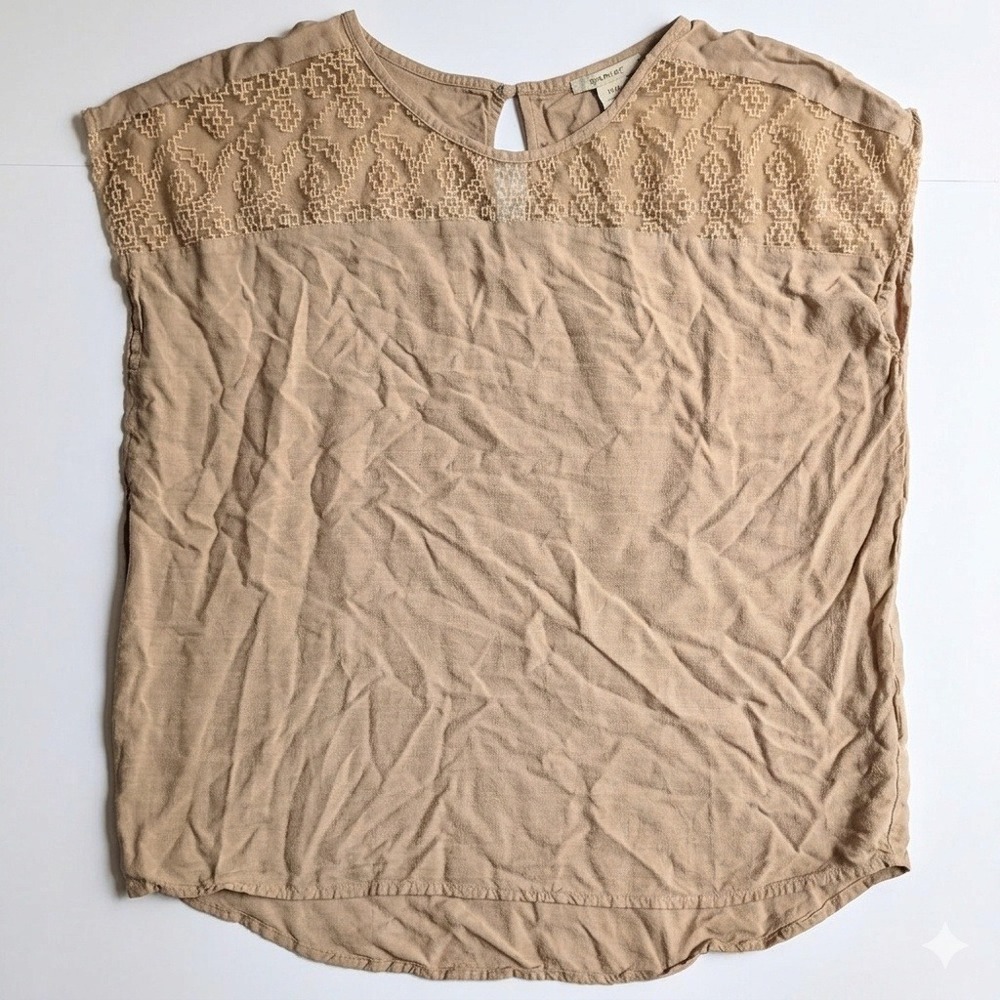 Ariat Tan Short Sleeve Blouse Embroidered Lace Yoke Keyhole Back Top Womens Med